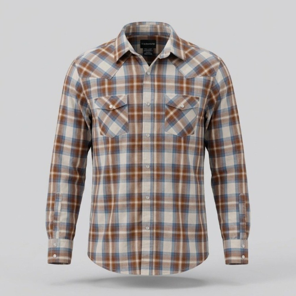 No Boundaries Mens Pearl Snap Western Shirt Blue Brown Plaid Large
